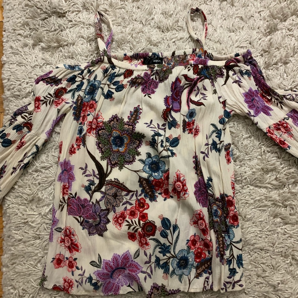Aqua (Bloomingdale’s) floral off the should top